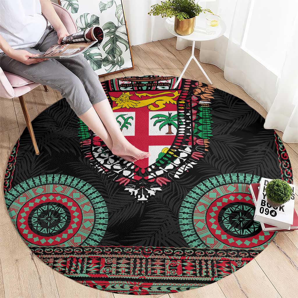 Fiji Coat of Arms Traditional Dashiki Round Carpet Tapa Art and Palm Leaves Pattern Black Color - Polynesian Pride