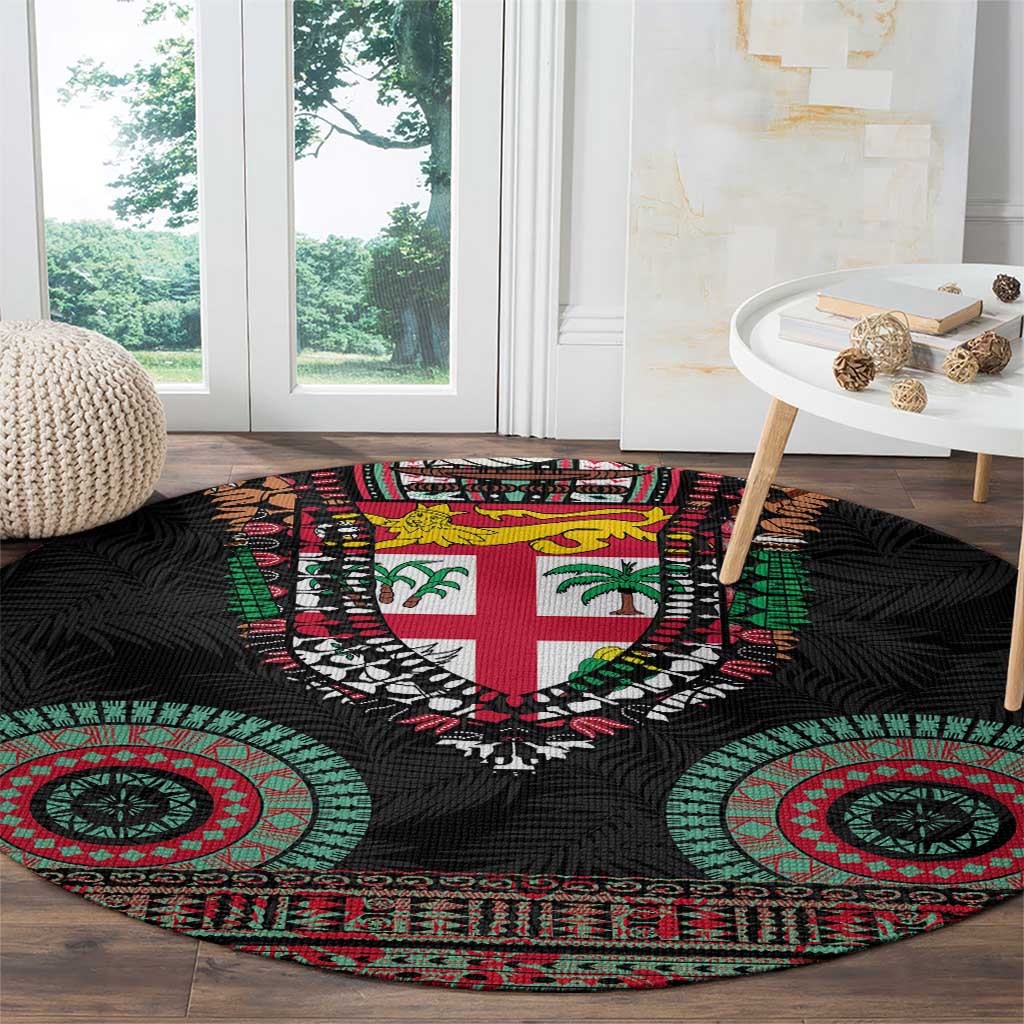 Fiji Coat of Arms Traditional Dashiki Round Carpet Tapa Art and Palm Leaves Pattern Black Color - Polynesian Pride