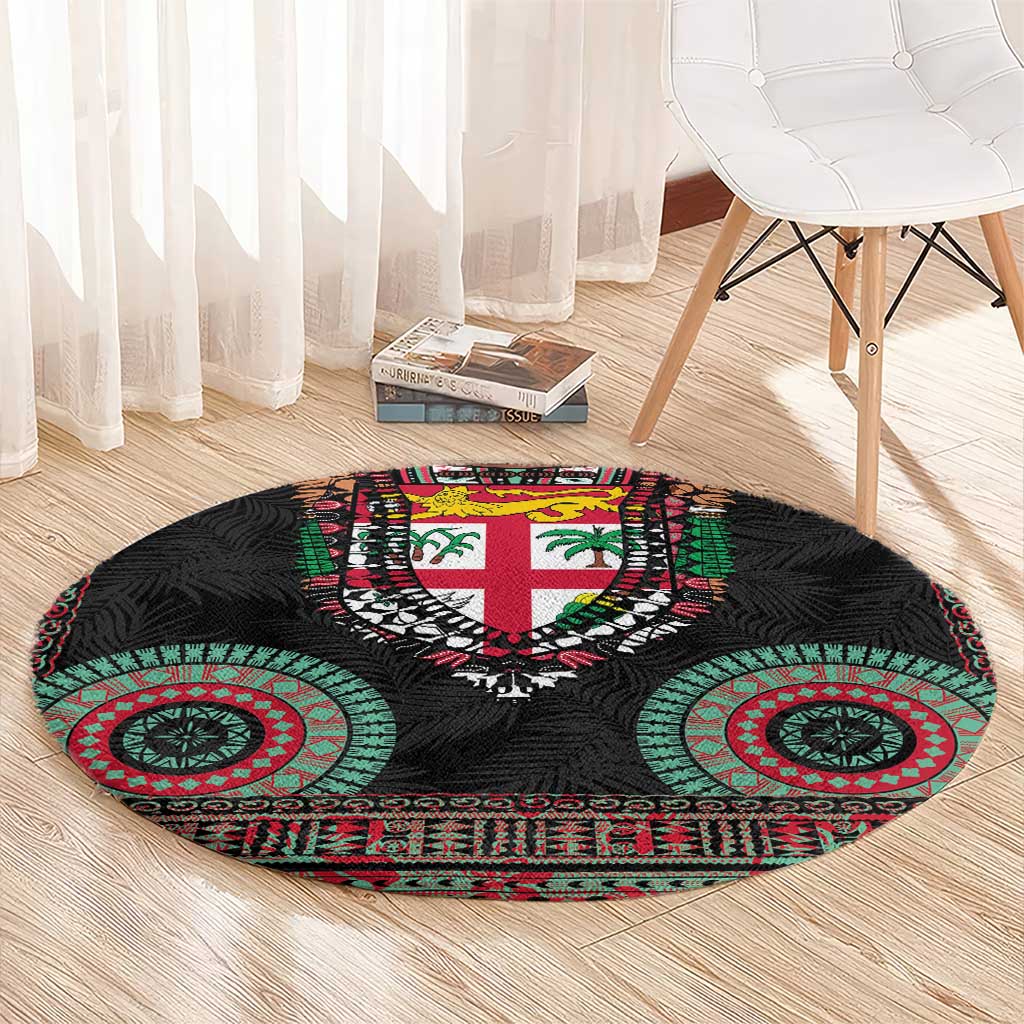 Fiji Coat of Arms Traditional Dashiki Round Carpet Tapa Art and Palm Leaves Pattern Black Color - Polynesian Pride