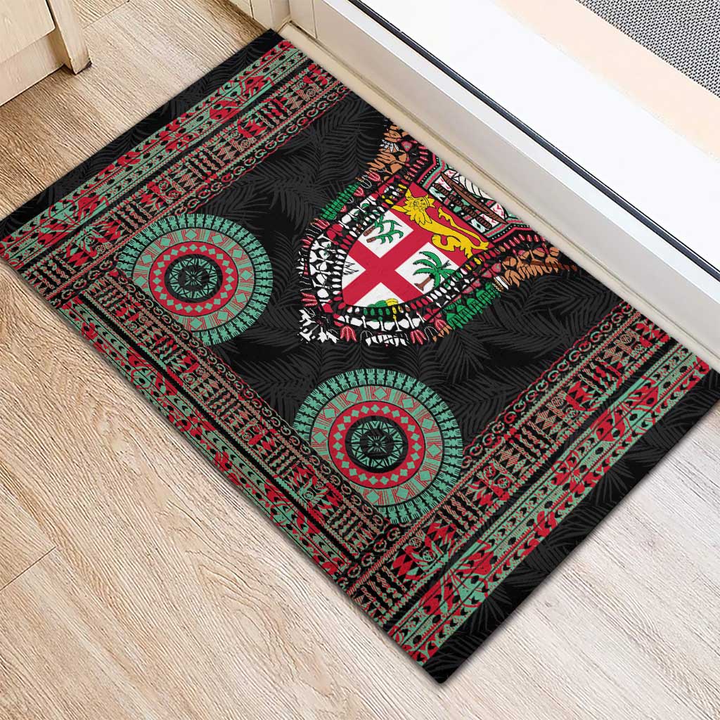 Fiji Coat of Arms Traditional Dashiki Rubber Doormat Tapa Art and Palm Leaves Pattern Black Color LT03 - Polynesian Pride