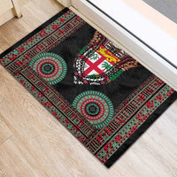 Fiji Coat of Arms Traditional Dashiki Rubber Doormat Tapa Art and Palm Leaves Pattern Black Color LT03 - Polynesian Pride