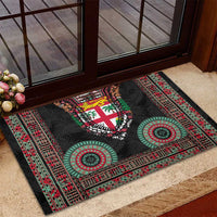 Fiji Coat of Arms Traditional Dashiki Rubber Doormat Tapa Art and Palm Leaves Pattern Black Color LT03 - Polynesian Pride