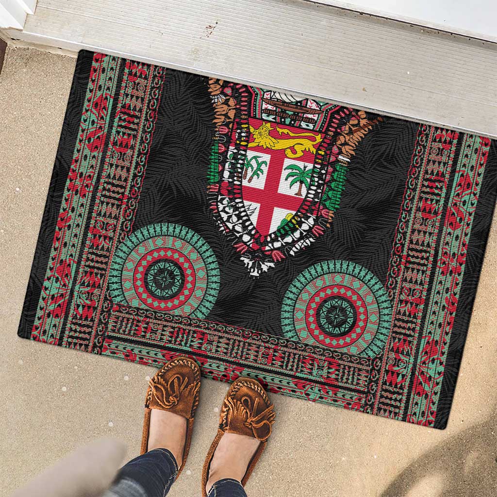 Fiji Coat of Arms Traditional Dashiki Rubber Doormat Tapa Art and Palm Leaves Pattern Black Color LT03 - Polynesian Pride