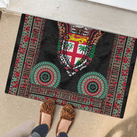 Fiji Coat of Arms Traditional Dashiki Rubber Doormat Tapa Art and Palm Leaves Pattern Black Color LT03 - Polynesian Pride