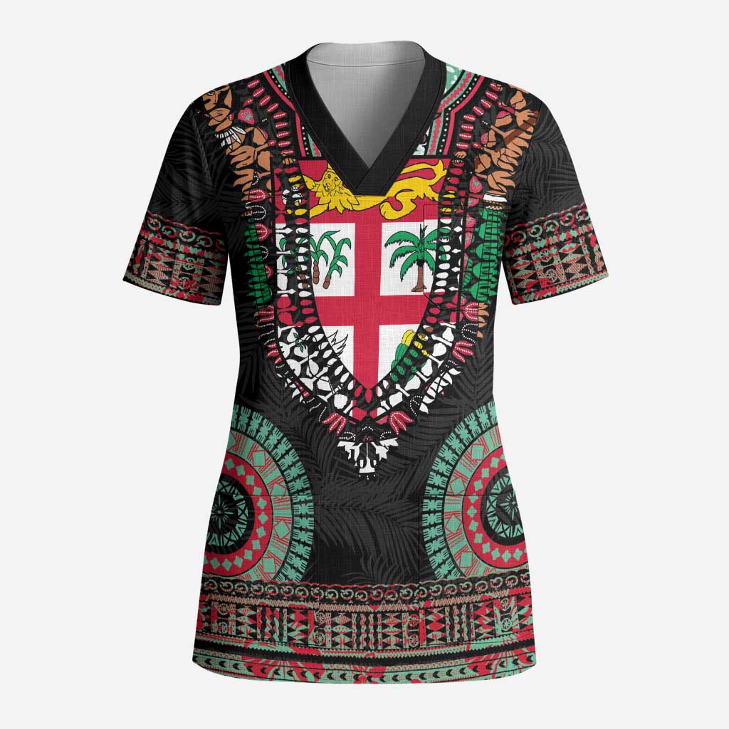 Fiji Coat of Arms Traditional Dashiki Scrub Top Tapa Art and Palm Leaves Pattern Black Color - Polynesian Pride