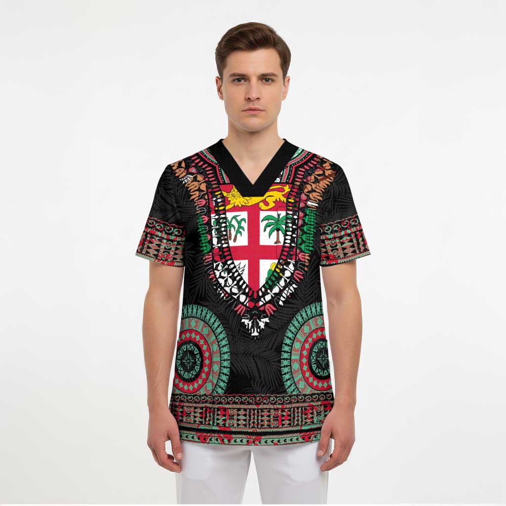 Fiji Coat of Arms Traditional Dashiki Scrub Top Tapa Art and Palm Leaves Pattern Black Color - Polynesian Pride