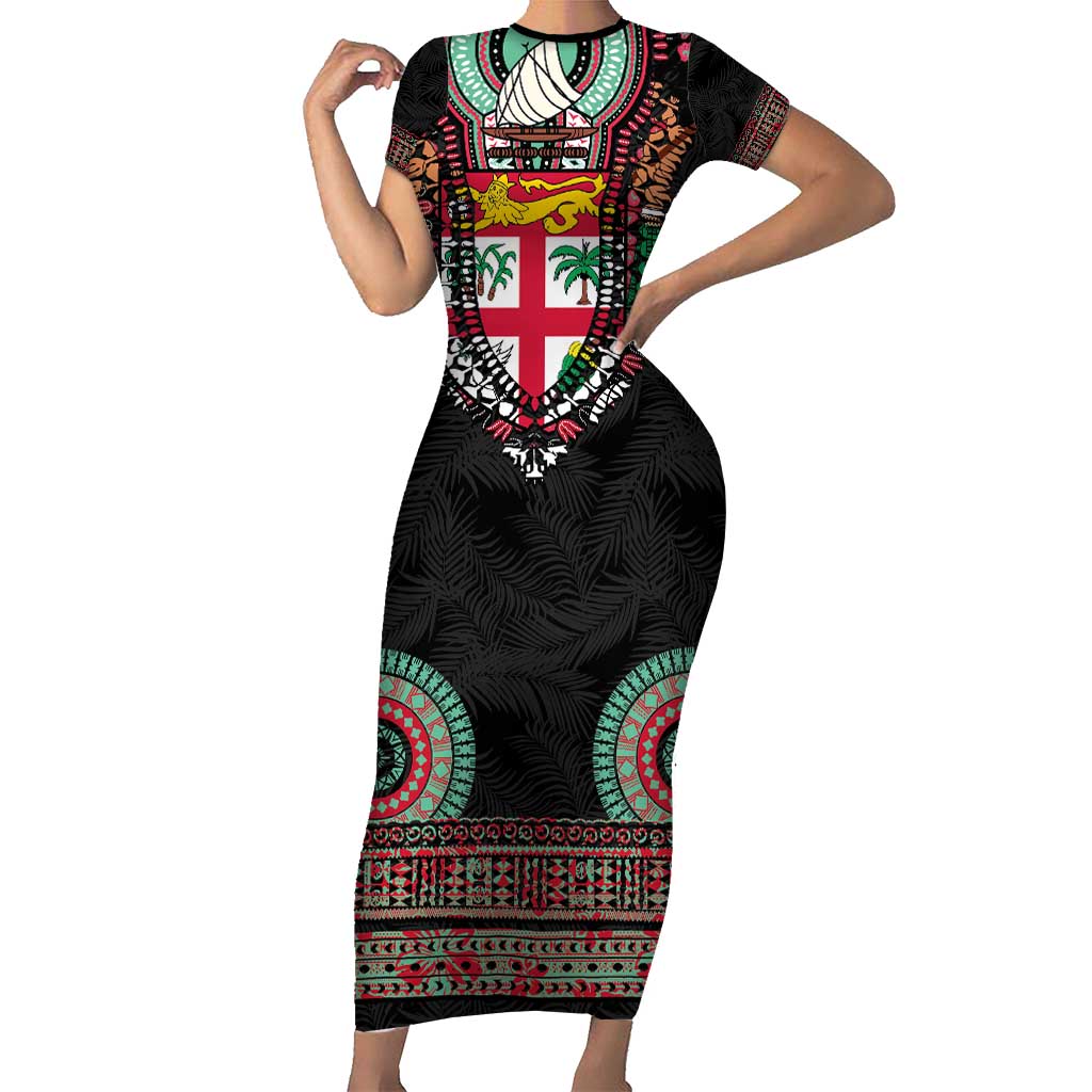 Fiji Coat of Arms Traditional Dashiki Short Sleeve Bodycon Dress Tapa Art and Palm Leaves Pattern Black Color - Polynesian Pride