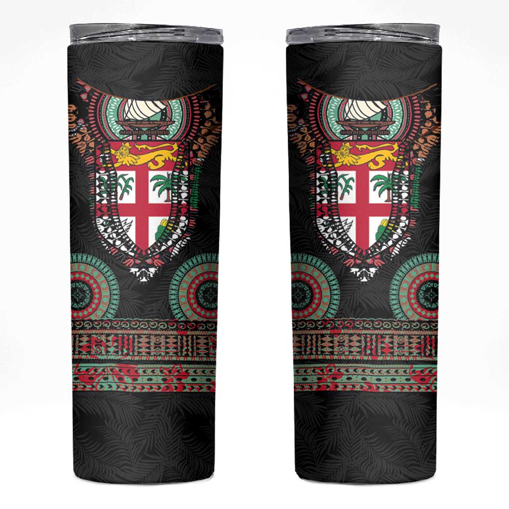 Fiji Coat of Arms Traditional Dashiki Skinny Tumbler Tapa Art and Palm Leaves Pattern Black Color - Polynesian Pride