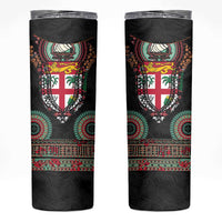 Fiji Coat of Arms Traditional Dashiki Skinny Tumbler Tapa Art and Palm Leaves Pattern Black Color - Polynesian Pride