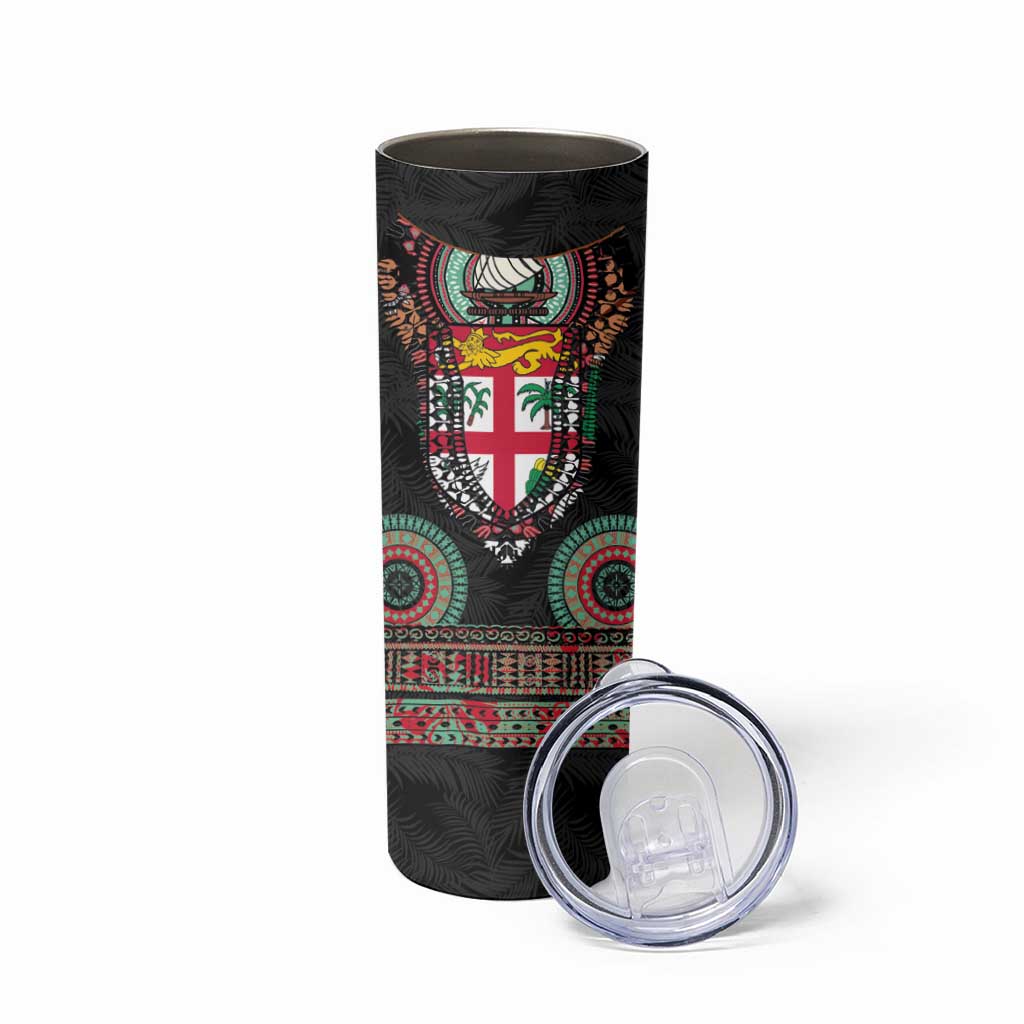 Fiji Coat of Arms Traditional Dashiki Skinny Tumbler Tapa Art and Palm Leaves Pattern Black Color - Polynesian Pride