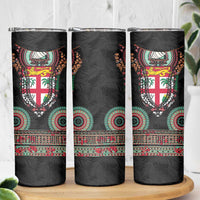 Fiji Coat of Arms Traditional Dashiki Skinny Tumbler Tapa Art and Palm Leaves Pattern Black Color - Polynesian Pride