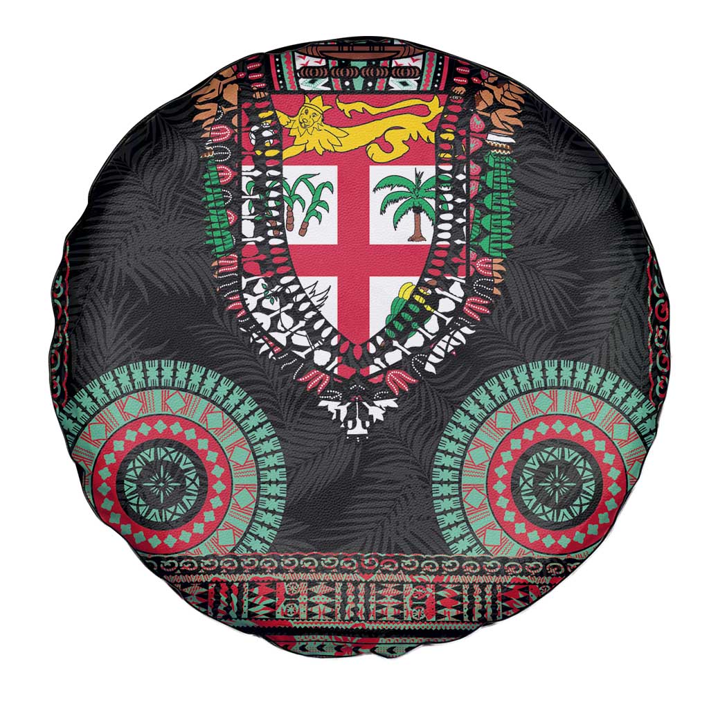 Fiji Coat of Arms Traditional Dashiki Spare Tire Cover Tapa Art and Palm Leaves Pattern Black Color - Polynesian Pride