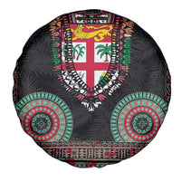 Fiji Coat of Arms Traditional Dashiki Spare Tire Cover Tapa Art and Palm Leaves Pattern Black Color - Polynesian Pride