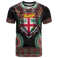 Fiji Coat of Arms Traditional Dashiki T Shirt Tapa Art and Palm Leaves Pattern Black Color - Polynesian Pride