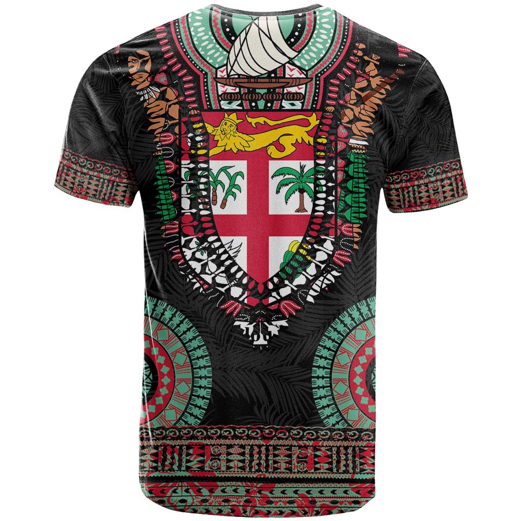 Fiji Coat of Arms Traditional Dashiki T Shirt Tapa Art and Palm Leaves Pattern Black Color - Polynesian Pride