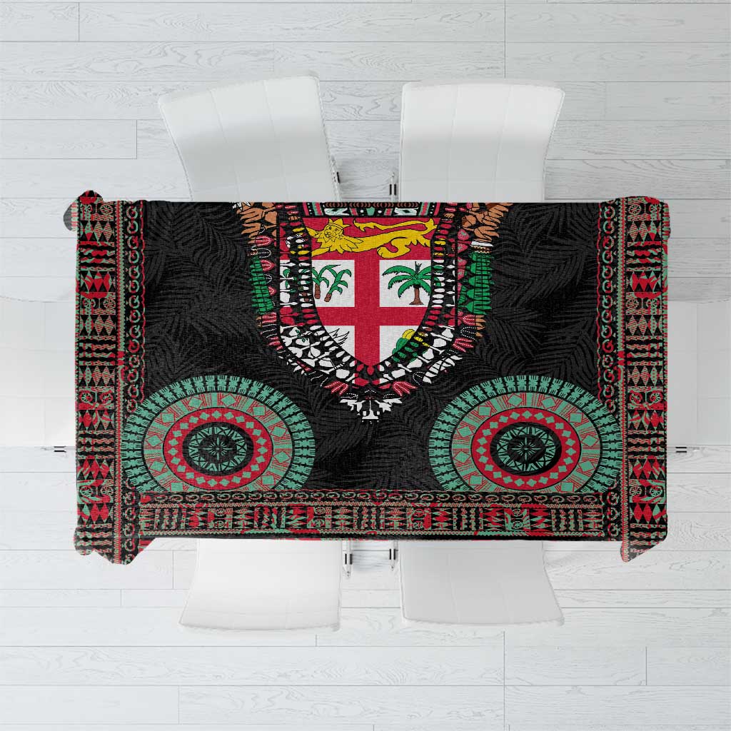 Fiji Coat of Arms Traditional Dashiki Tablecloth Tapa Art and Palm Leaves Pattern Black Color - Polynesian Pride