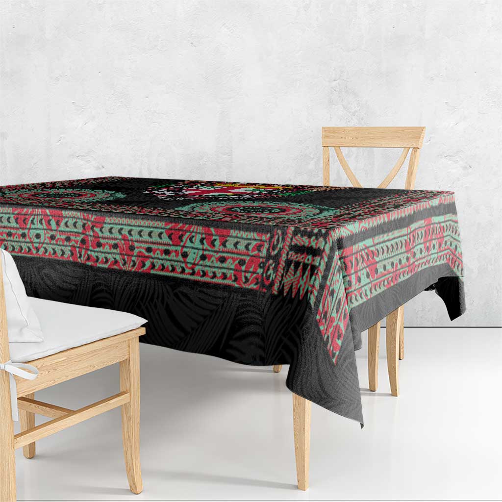Fiji Coat of Arms Traditional Dashiki Tablecloth Tapa Art and Palm Leaves Pattern Black Color - Polynesian Pride