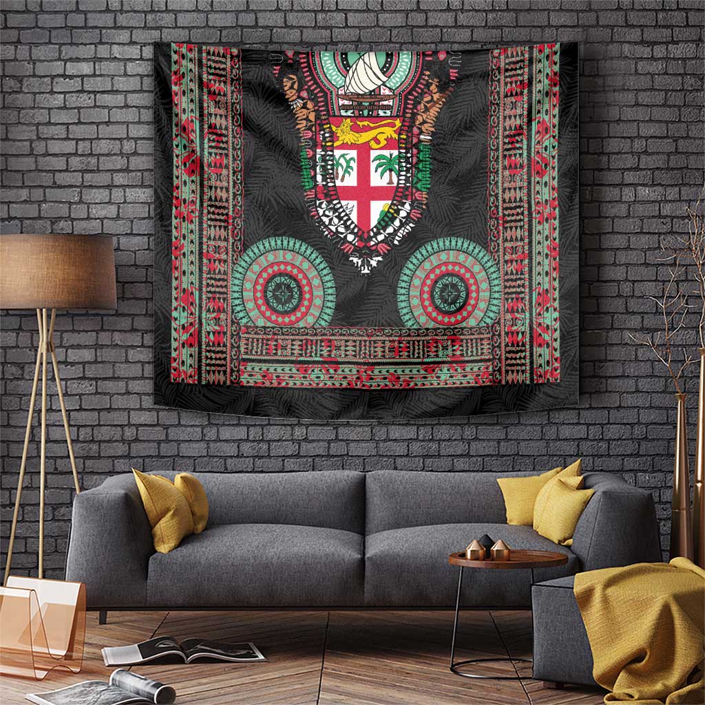 Fiji Coat of Arms Traditional Dashiki Tapestry Tapa Art and Palm Leaves Pattern Black Color - Polynesian Pride