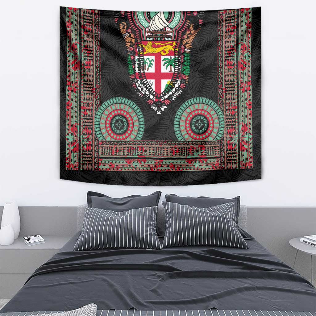 Fiji Coat of Arms Traditional Dashiki Tapestry Tapa Art and Palm Leaves Pattern Black Color - Polynesian Pride