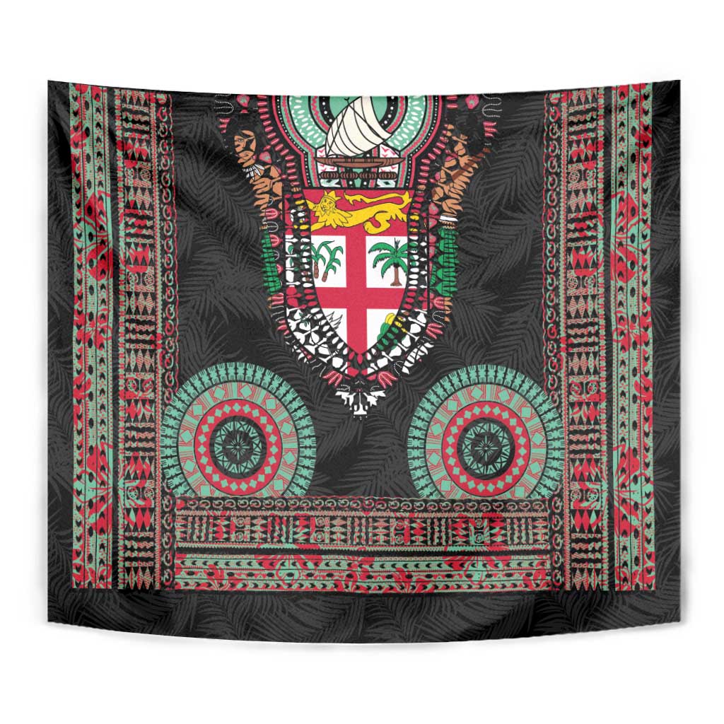 Fiji Coat of Arms Traditional Dashiki Tapestry Tapa Art and Palm Leaves Pattern Black Color - Polynesian Pride