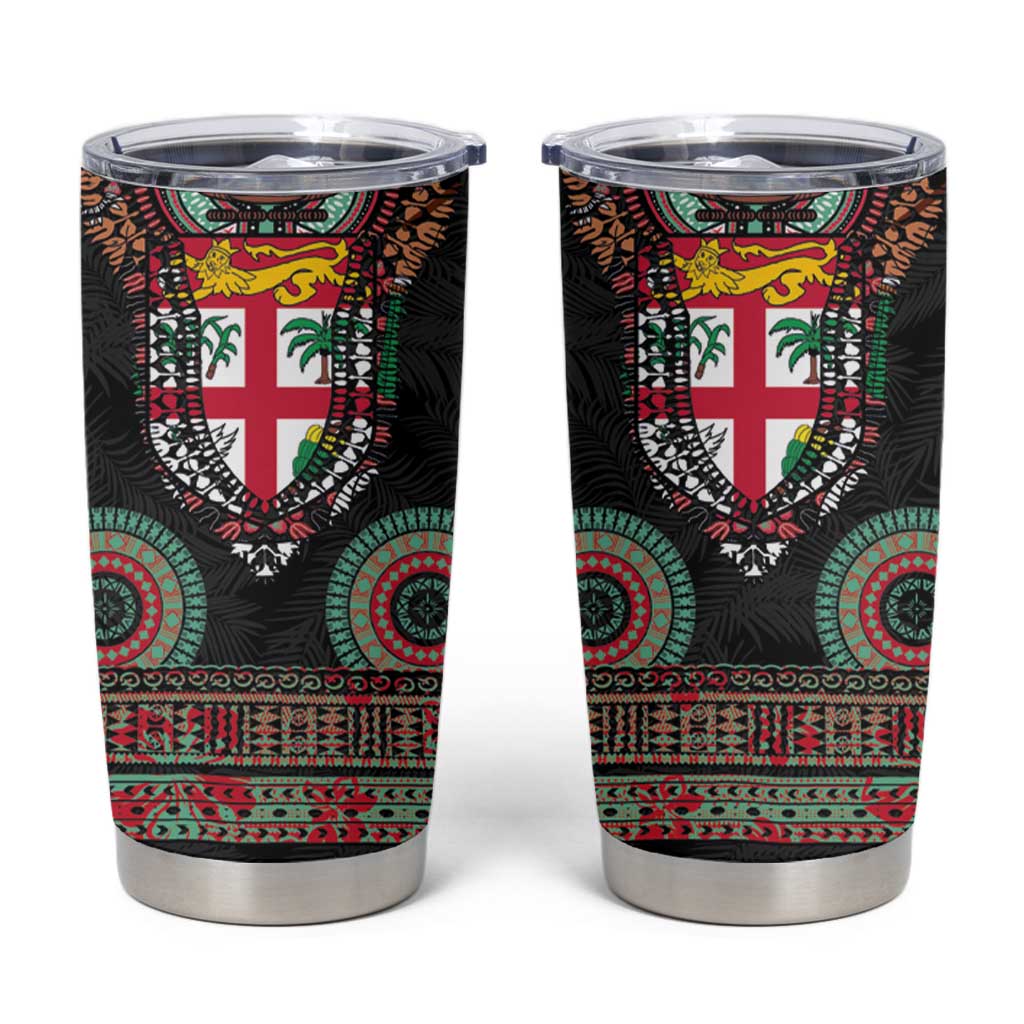 Fiji Coat of Arms Traditional Dashiki Tumbler Cup Tapa Art and Palm Leaves Pattern Black Color - Polynesian Pride
