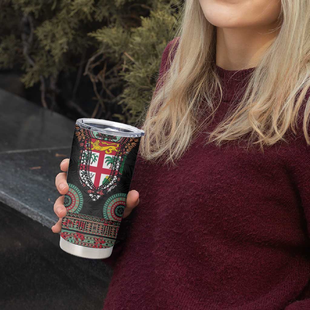 Fiji Coat of Arms Traditional Dashiki Tumbler Cup Tapa Art and Palm Leaves Pattern Black Color - Polynesian Pride