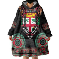 Fiji Coat of Arms Traditional Dashiki Wearable Blanket Hoodie Tapa Art and Palm Leaves Pattern Black Color - Polynesian Pride