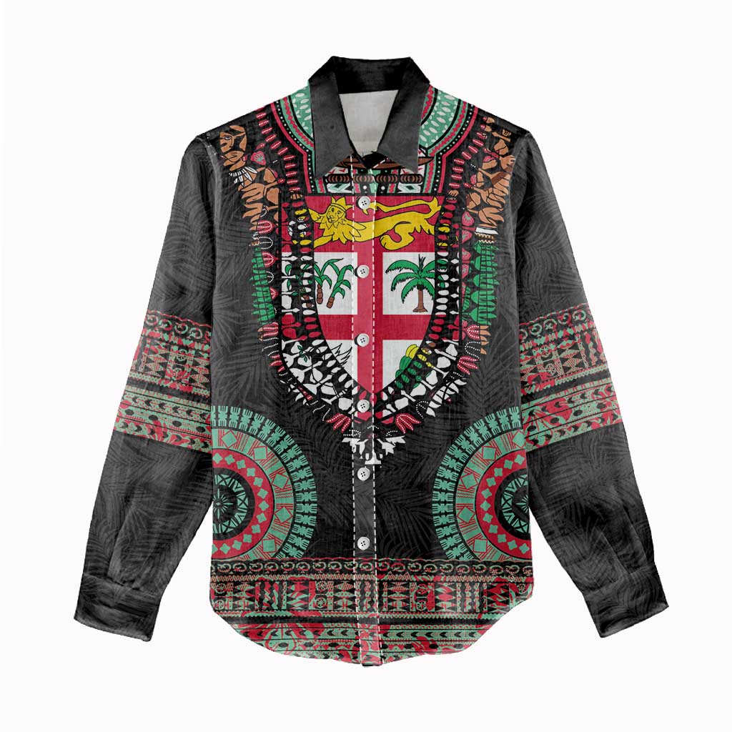 Fiji Coat of Arms Traditional Dashiki Women Casual Shirt Tapa Art and Palm Leaves Pattern Black Color - Polynesian Pride