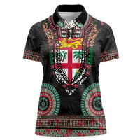 Fiji Coat of Arms Traditional Dashiki Women Polo Shirt Tapa Art and Palm Leaves Pattern Black Color - Polynesian Pride