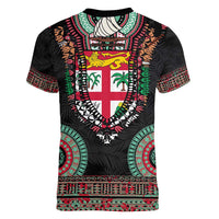 Fiji Coat of Arms Traditional Dashiki Women V-Neck T-Shirt Tapa Art and Palm Leaves Pattern Black Color - Polynesian Pride