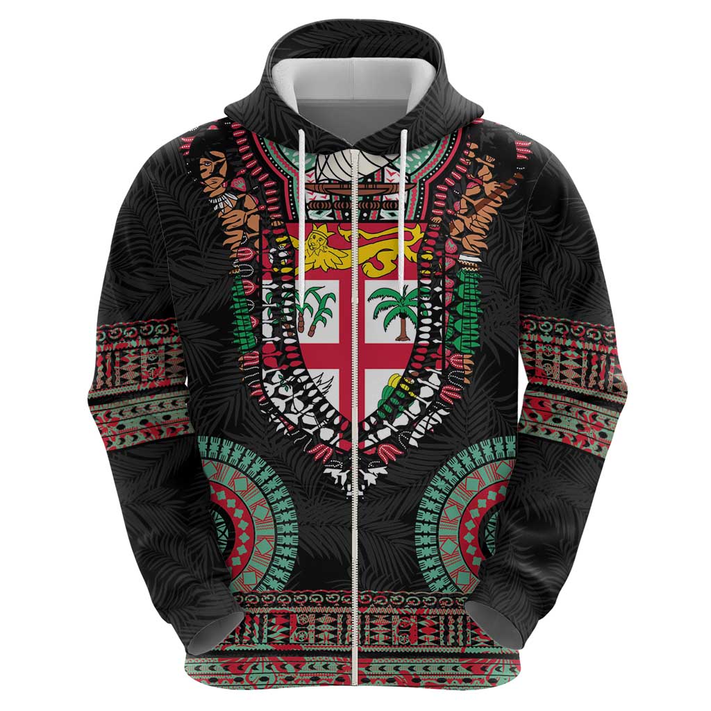 Fiji Coat of Arms Traditional Dashiki Zip Hoodie Tapa Art and Palm Leaves Pattern Black Color - Polynesian Pride