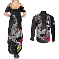 Polynesian Fiji Couples Matching Summer Maxi Dress and Long Sleeve Button Shirts Shark and Hibiscus Tapa Pattern Version LT03 - Polynesian Pride
