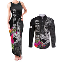 Polynesian Fiji Couples Matching Tank Maxi Dress and Long Sleeve Button Shirts Shark and Hibiscus Tapa Pattern Version LT03 White - Polynesian Pride