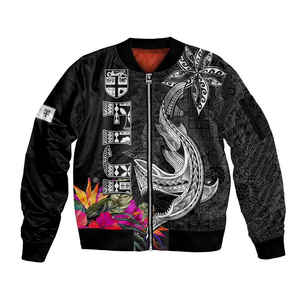 Polynesian Fiji Sleeve Zip Bomber Jacket Shark and Hibiscus Tapa Pattern Version LT03 Unisex White - Polynesian Pride