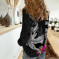 Polynesian Fiji Women Casual Shirt Shark and Hibiscus Tapa Pattern Version LT03 - Polynesian Pride