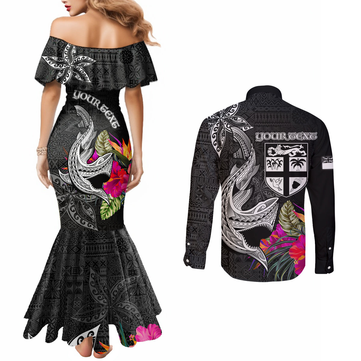 Custom Polynesian Fiji Couples Matching Mermaid Dress and Long Sleeve Button Shirts Shark and Hibiscus Tapa Pattern Version LT03 - Polynesian Pride