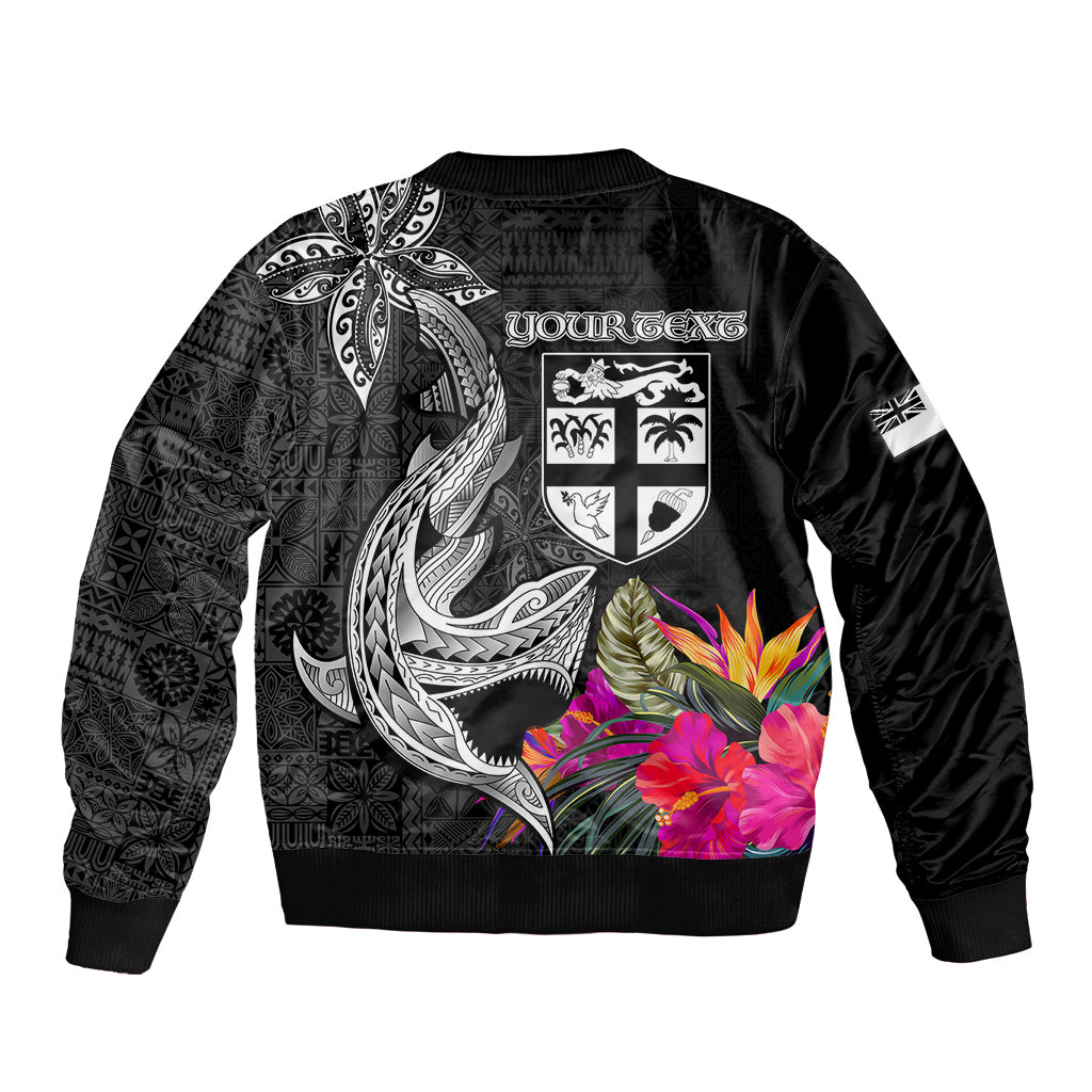Custom Polynesian Fiji Sleeve Zip Bomber Jacket Shark and Hibiscus Tapa Pattern Version LT03 - Polynesian Pride