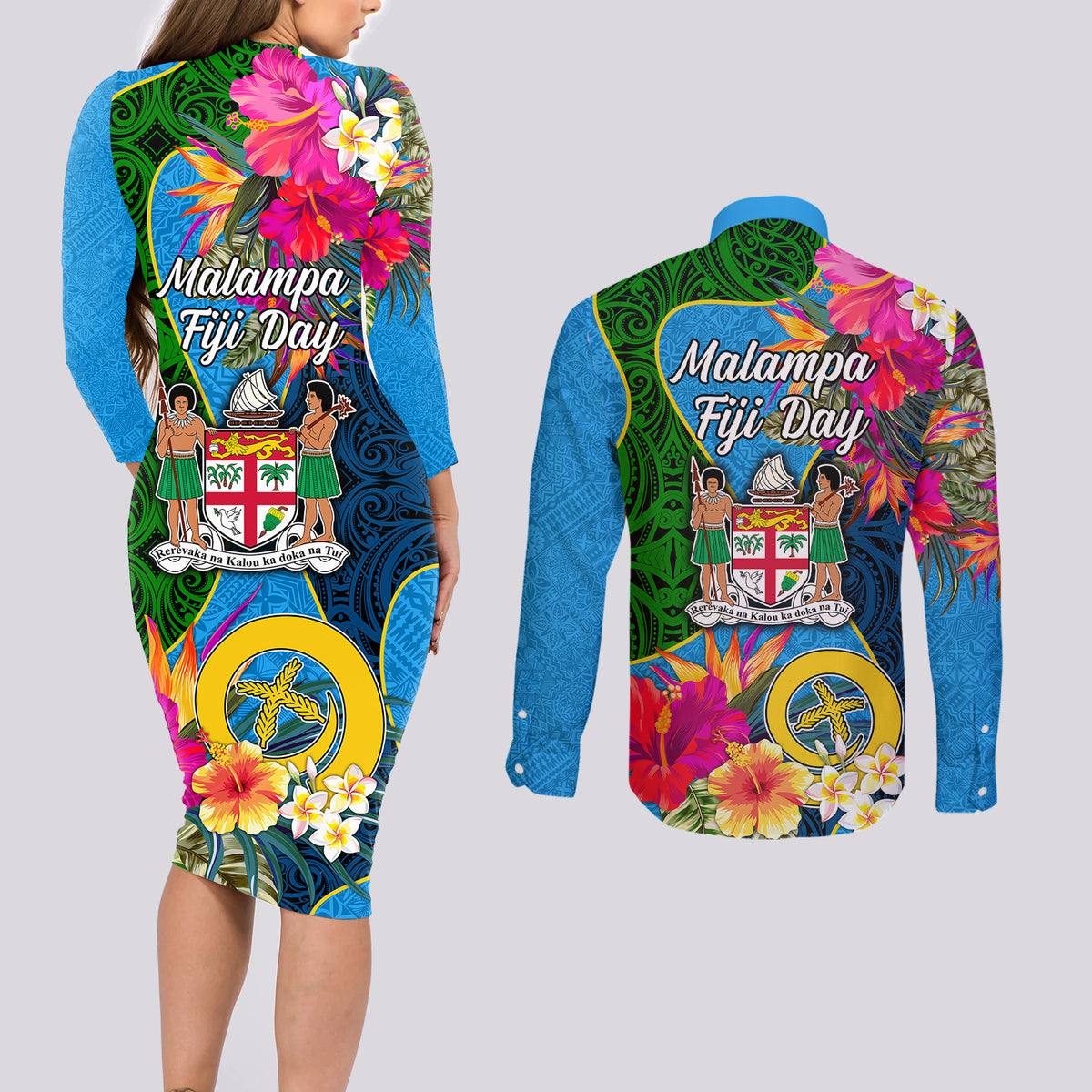 Malampa Fiji Day Couples Matching Long Sleeve Bodycon Dress and Long Sleeve Button Shirts Tropical Plants Mix Polynesian and Tapa Pattern LT03 - Polynesian Pride
