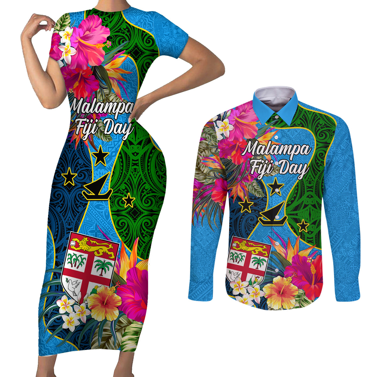Malampa Fiji Day Couples Matching Short Sleeve Bodycon Dress and Long Sleeve Button Shirts Tropical Plants Mix Polynesian and Tapa Pattern LT03 Blue - Polynesian Pride