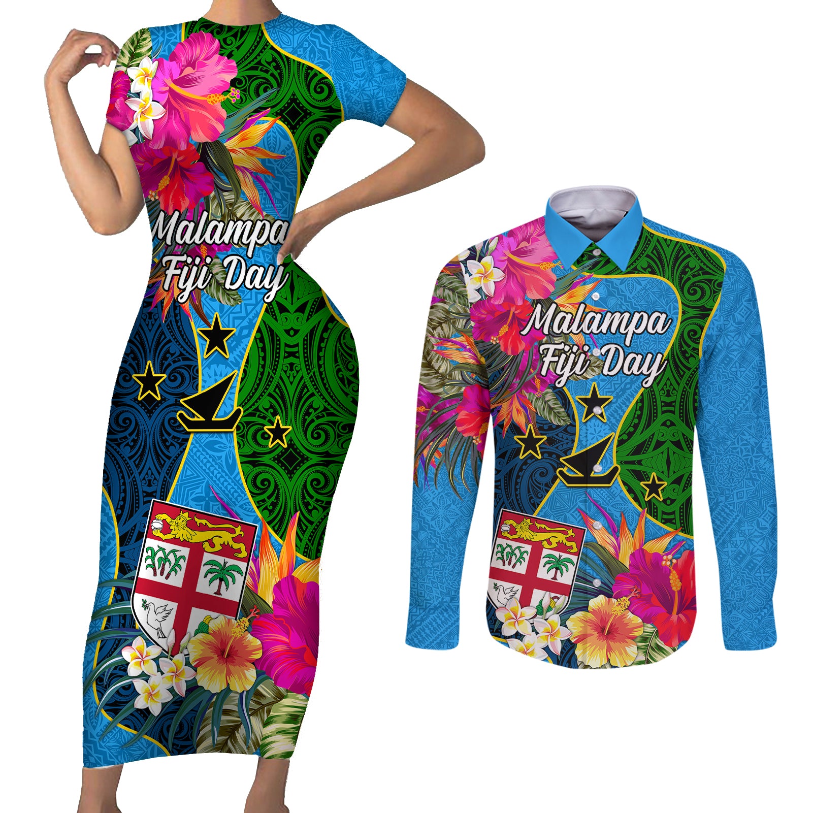 Malampa Fiji Day Couples Matching Short Sleeve Bodycon Dress and Long Sleeve Button Shirts Tropical Plants Mix Polynesian and Tapa Pattern LT03 Blue - Polynesian Pride