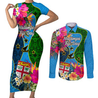 Malampa Fiji Day Couples Matching Short Sleeve Bodycon Dress and Long Sleeve Button Shirts Tropical Plants Mix Polynesian and Tapa Pattern LT03 Blue - Polynesian Pride