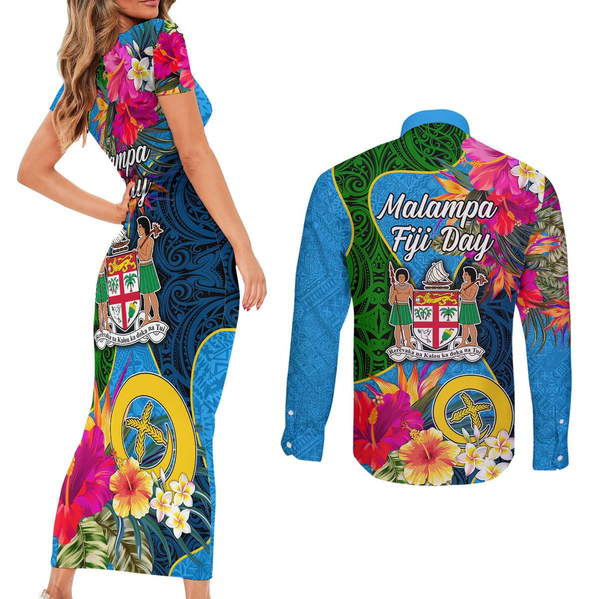 Malampa Fiji Day Couples Matching Short Sleeve Bodycon Dress and Long Sleeve Button Shirts Tropical Plants Mix Polynesian and Tapa Pattern LT03 - Polynesian Pride