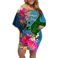 Malampa Fiji Day Family Matching Off Shoulder Short Dress and Hawaiian Shirt Tropical Plants Mix Polynesian and Tapa Pattern LT03 Mom's Dress Blue - Polynesian Pride