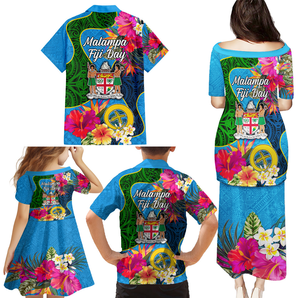 Malampa Fiji Day Family Matching Puletasi Dress and Hawaiian Shirt Tropical Plants Mix Polynesian and Tapa Pattern LT03 - Polynesian Pride