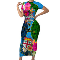 Malampa Fiji Day Family Matching Short Sleeve Bodycon Dress and Hawaiian Shirt Tropical Plants Mix Polynesian and Tapa Pattern LT03 Mom's Dress Blue - Polynesian Pride