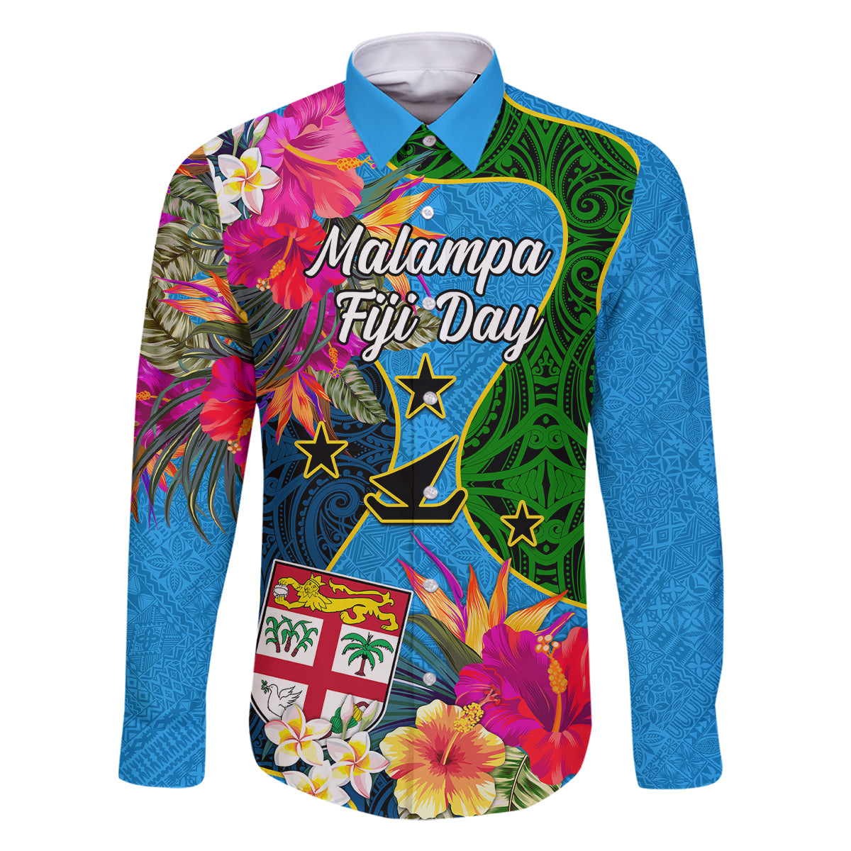 Malampa Fiji Day Family Matching Summer Maxi Dress and Hawaiian Shirt Tropical Plants Mix Polynesian and Tapa Pattern LT03 Dad's Shirt - Long Sleeve Blue - Polynesian Pride
