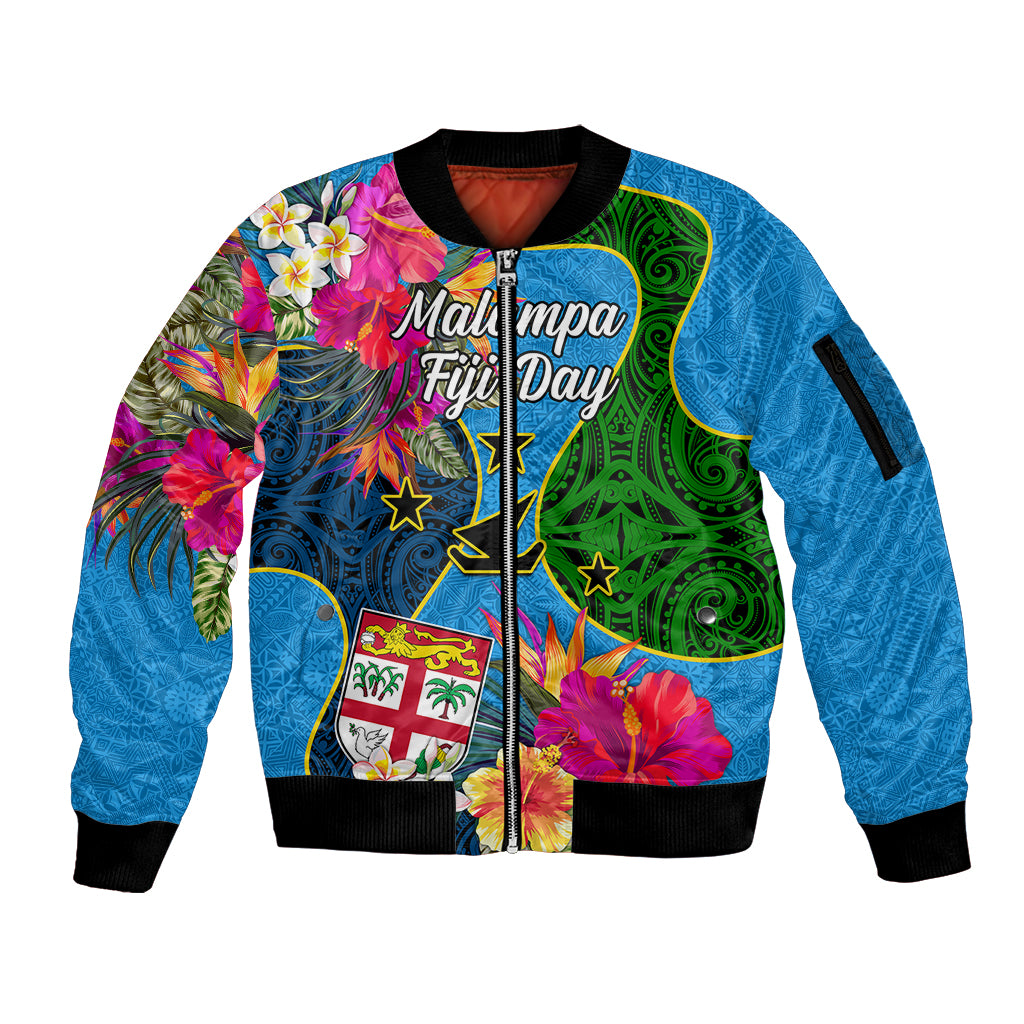 Malampa Fiji Day Sleeve Zip Bomber Jacket Tropical Plants Mix Polynesian and Tapa Pattern LT03 Unisex Blue - Polynesian Pride