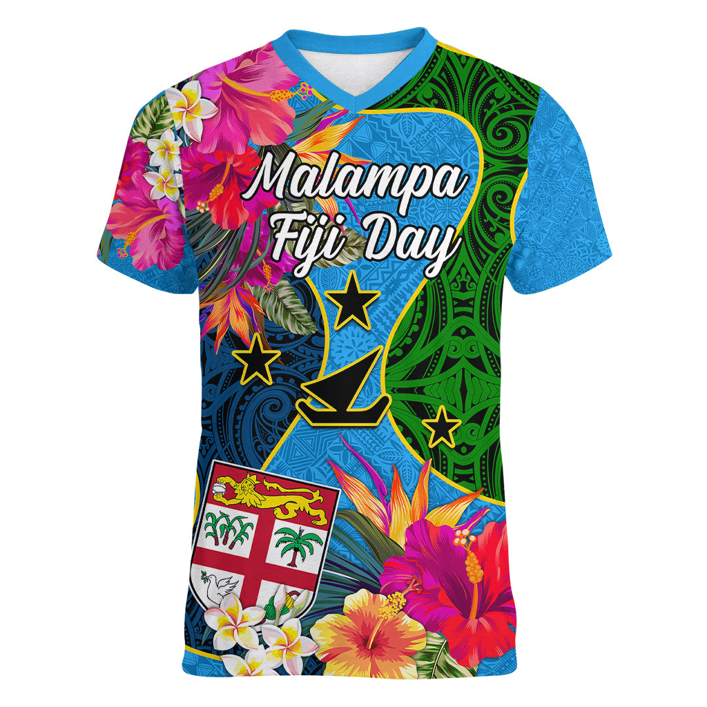 Malampa Fiji Day Women V Neck T Shirt Tropical Plants Mix Polynesian and Tapa Pattern LT03 Female Blue - Polynesian Pride