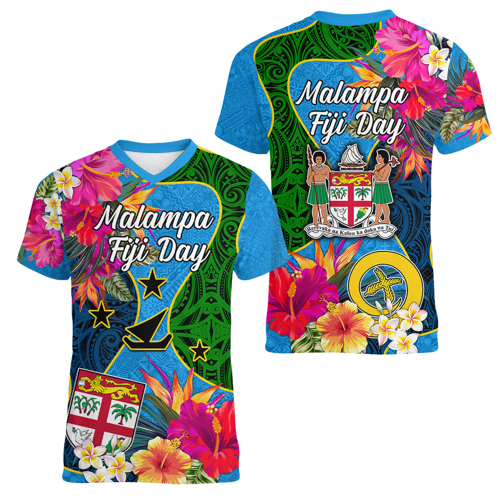 Malampa Fiji Day Women V Neck T Shirt Tropical Plants Mix Polynesian and Tapa Pattern LT03 - Polynesian Pride