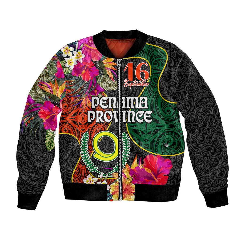 Penama Day Bomber Jacket 16th September Polynesian Pattern with Pacific Flower LT03 Unisex Black - Polynesian Pride